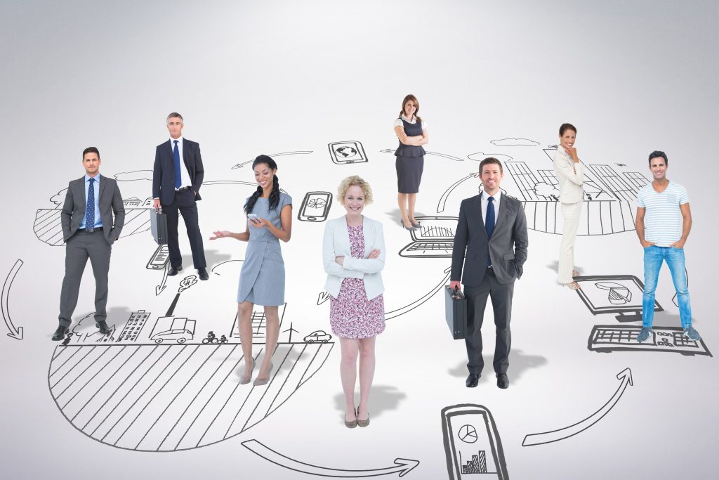 business team against brainstorm graphic