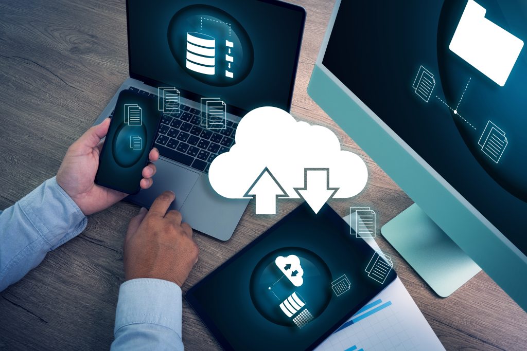 cloud computing business network server storage technology concept laptop computer with cloud network computer connects