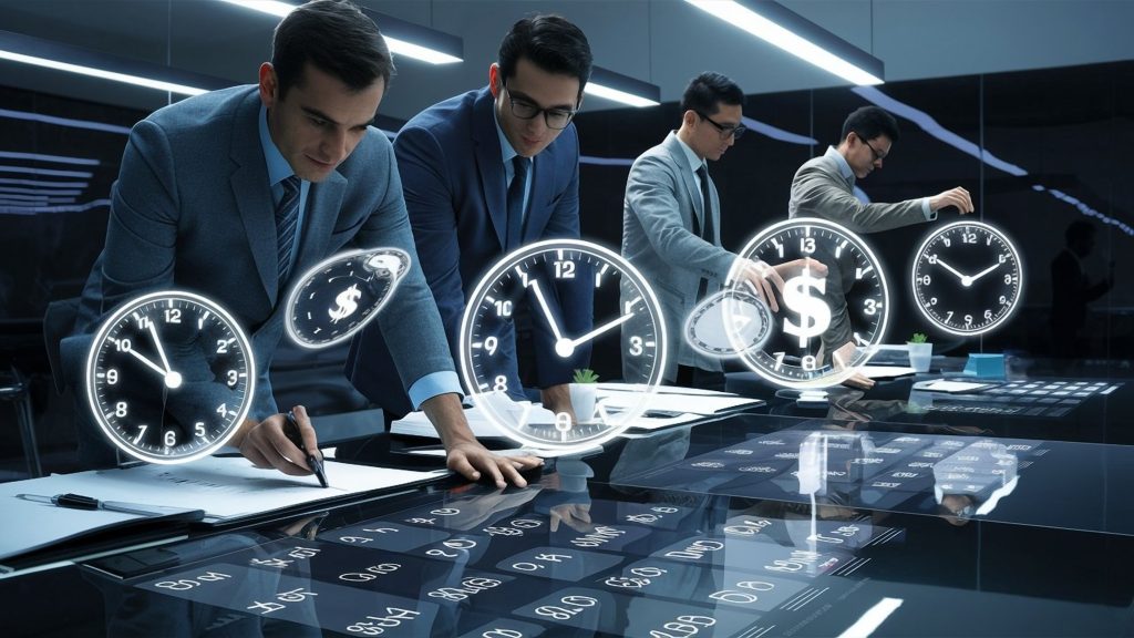 group people are meeting room with clock showing time as 5 30