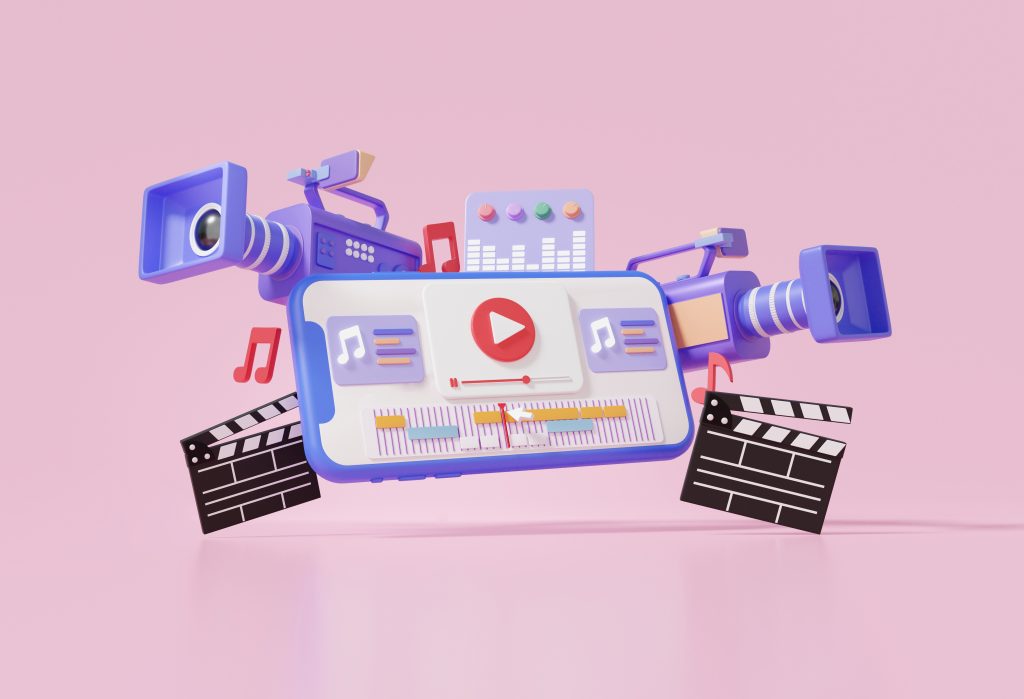 smartphone video editing mockup movie camera cuts footage sound music via mobile app creative professional pink background motion vlog movie clapper board 3d rendering