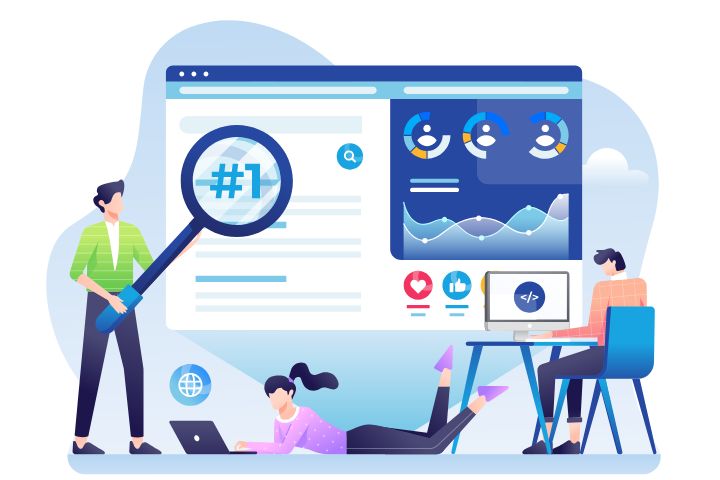 Illustration of an online store being designed, tested and optimized for search