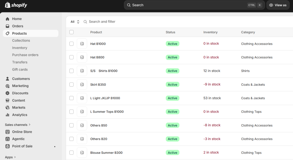 Shopify admin product list showing products, stock status, inventory and categories