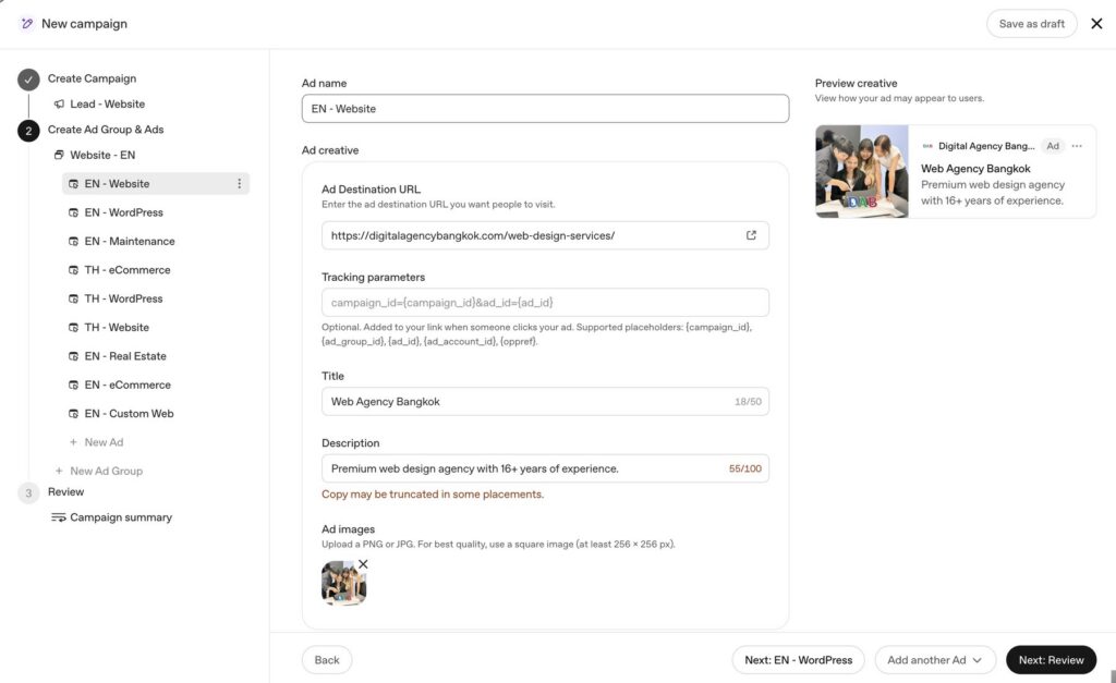 Building a ChatGPT ad in OpenAI Ads Manager: destination URL, title, description, image and live ad preview