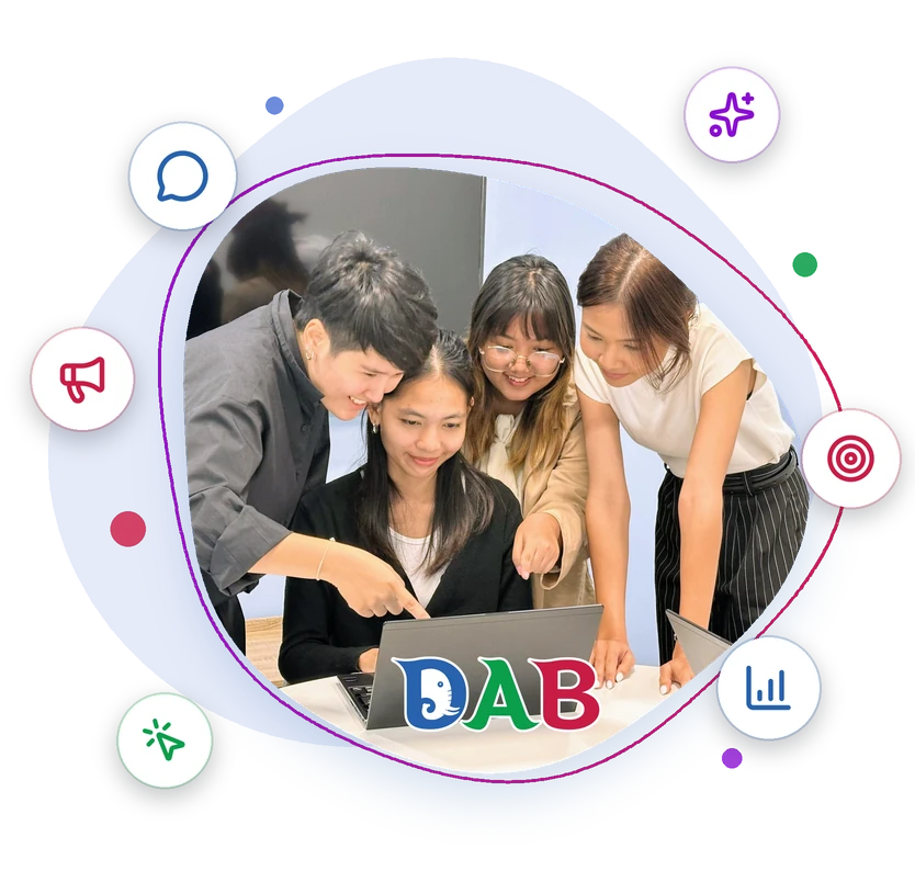 chatgpt ads agency bangkok dab team Digital Agency Bangkok team surrounded by ChatGPT chat, AI and advertising icons