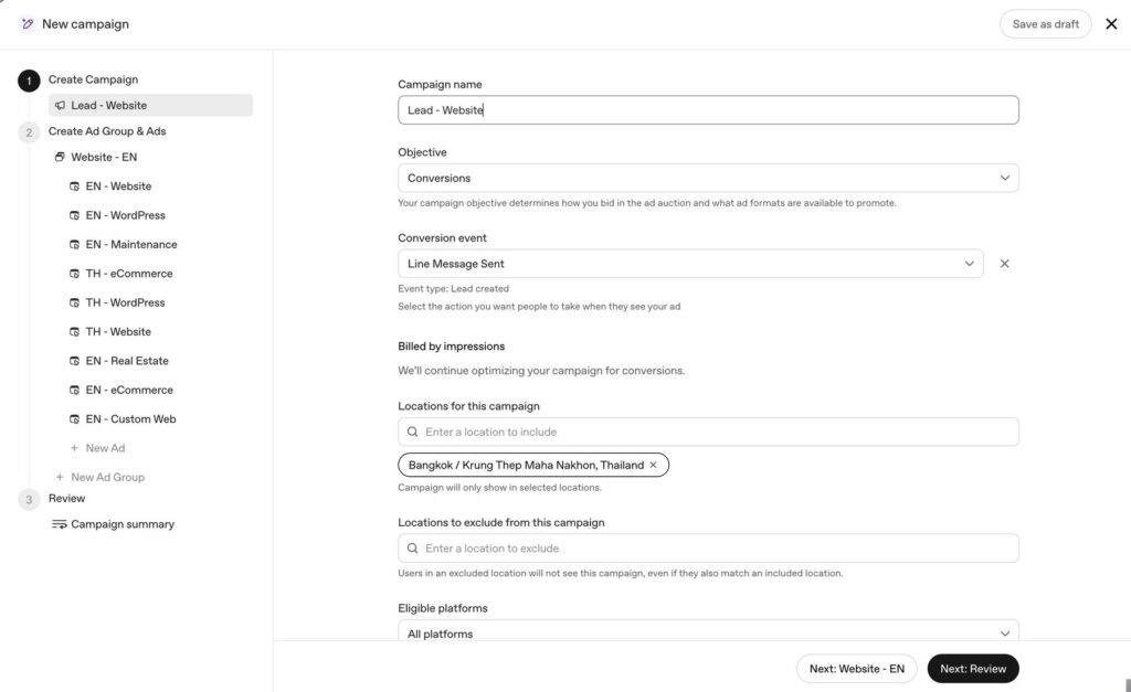 Setting up a ChatGPT Ads campaign in OpenAI Ads Manager with a Conversions objective, LINE message conversion event and English and Thai ads