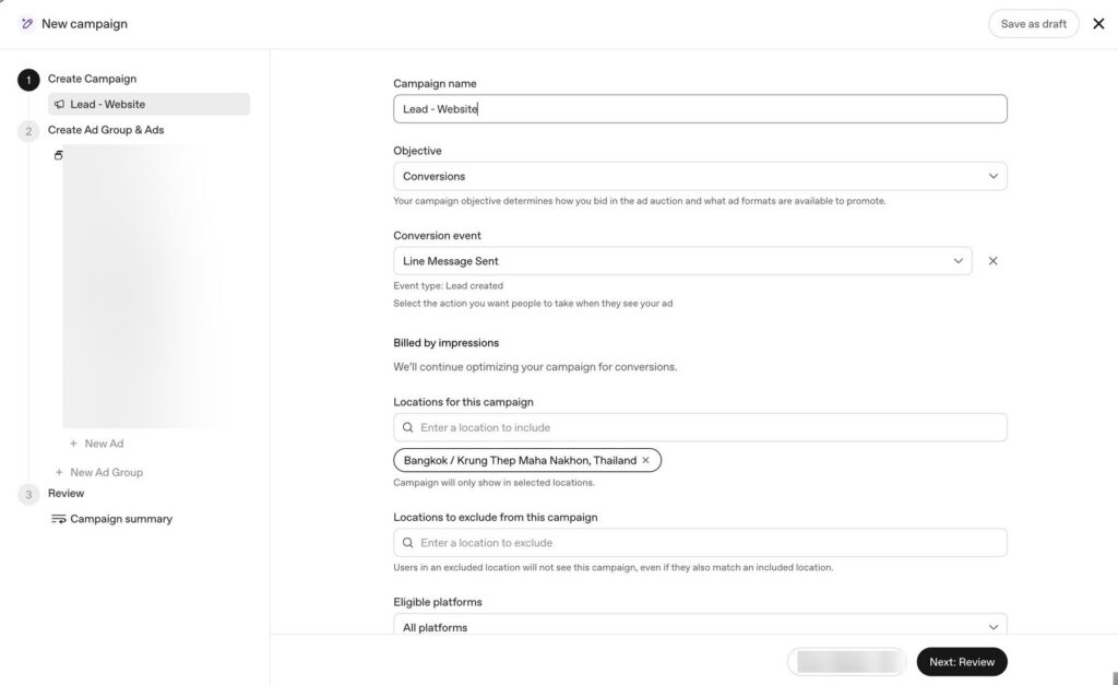 Setting up a ChatGPT Ads campaign in OpenAI Ads Manager with a Conversions objective, LINE message conversion event and English and Thai ads