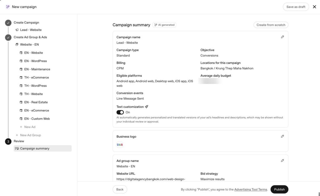 DAB's real ChatGPT Ads campaign summary in OpenAI Ads Manager: Conversions objective, CPM billing, Bangkok location and LINE message conversion event