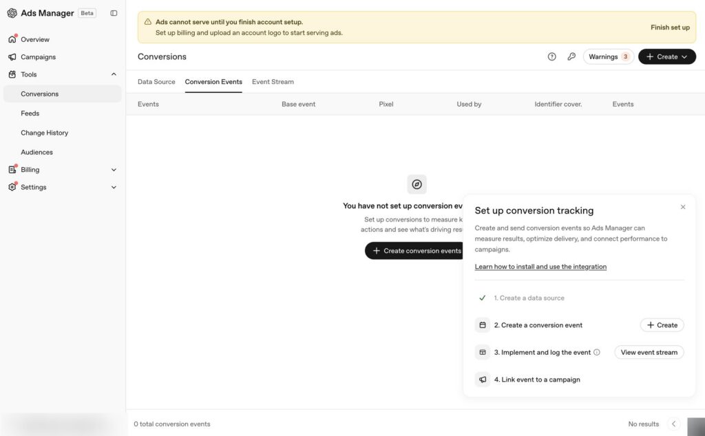 Conversion events tab in OpenAI Ads Manager showing the four-step ChatGPT Ads conversion tracking setup