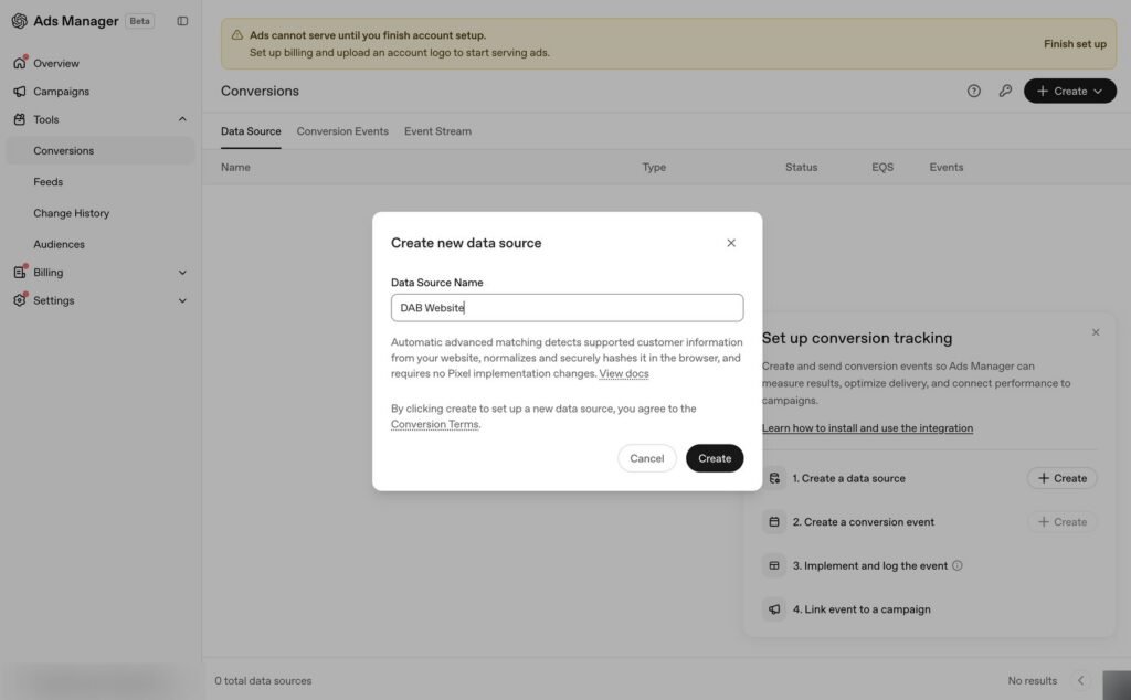 Creating a new website data source for ChatGPT Ads conversion tracking in OpenAI Ads Manager