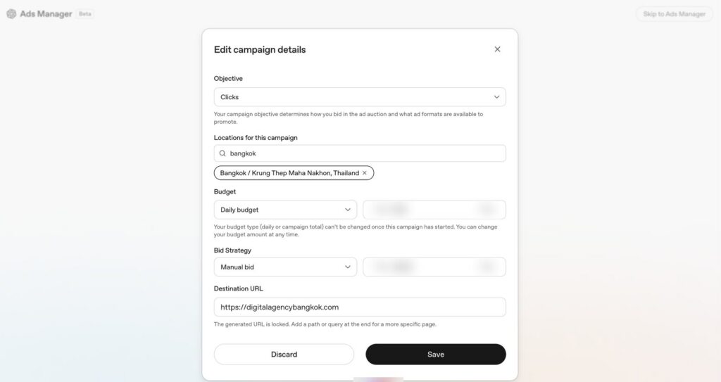 Editing ChatGPT Ads campaign details in OpenAI Ads Manager: Clicks objective, Bangkok location targeting, daily budget and manual bid in THB