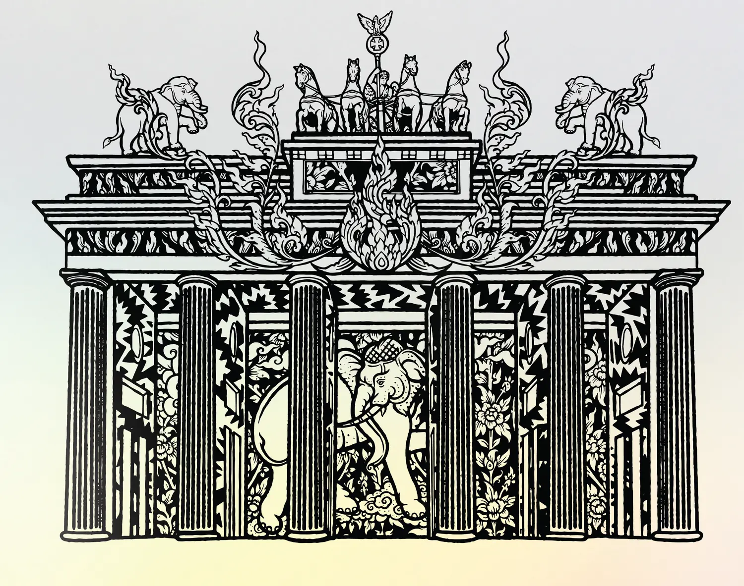 day of german unity 2026 brandenburg gate illustration detail Detail of the ornamental Brandenburg Gate line illustration from the Day of German Unity 2026 main stage backdrop