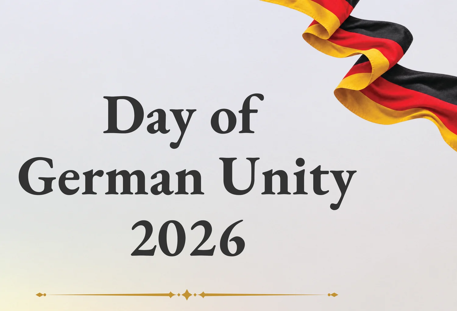 day of german unity 2026 event title ribbon detail Classic serif Day of German Unity 2026 event title beside a German flag ribbon, detail from the photo wall backdrop
