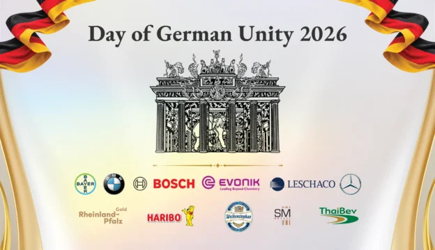 Main stage backdrop for Day of German Unity 2026 featuring the Brandenburg Gate, German flag ribbons, and partner logos