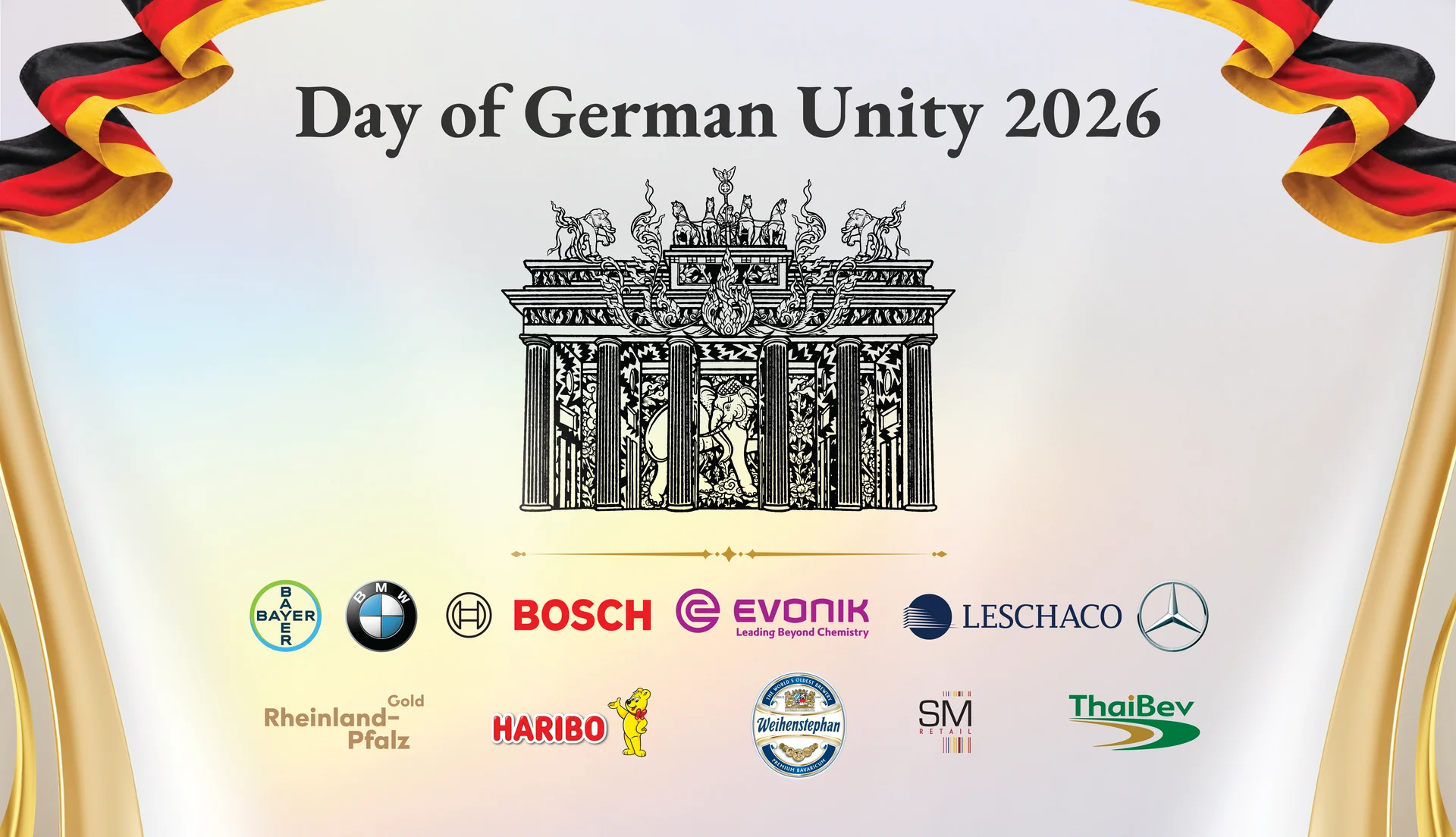 day of german unity 2026 main stage backdrop design Main stage backdrop for Day of German Unity 2026 featuring the Brandenburg Gate, German flag ribbons, and partner logos