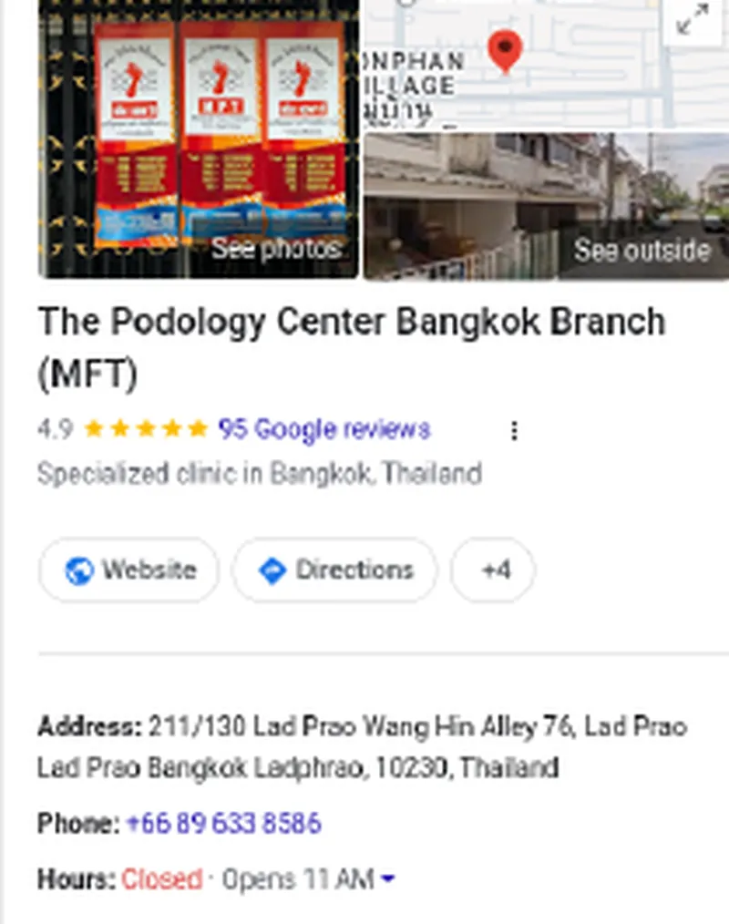 gmb podology center bangkok Google Business Profile panel for The Podology Center Bangkok Branch (MFT), a specialized clinic in Lad Prao, Bangkok, showing a 4.9 rating from 95 Google reviews